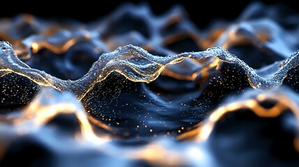 Poster - glowing waves of luminescent particles create abstract flowing pattern in dark blue and gold colors 