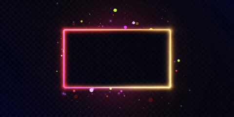 Poster - Rectangular neon frame with red and yellow glow surrounded by soft particles on a dark transparent background.