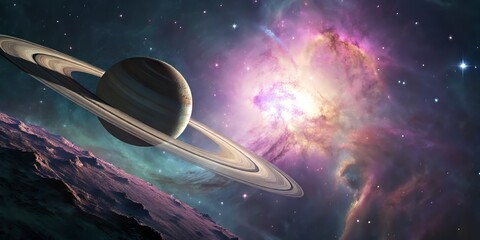 Aufkleber - Vibrant depiction of Saturn against a colorful cosmic background.
