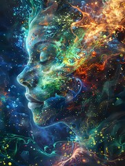 Poster - Mystical female profile merged with cosmic nebula, featuring swirling energy in vibrant blues, greens and orange, with glowing particles against dark space background.