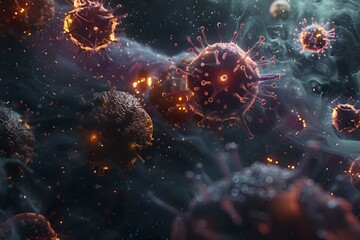 Poster - Microscopic view of glowing virus particles floating in dark atmospheric space with orange illuminated spikes and misty background, medical science visualization.