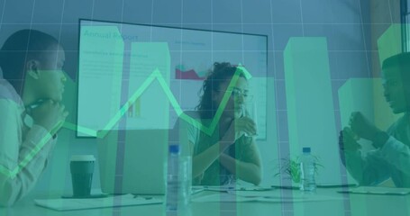 Poster - Business meeting with financial graph animation over diverse team discussing report