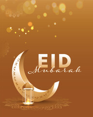 Wall Mural - Eid Mubarak Greeting Card Design with Lit Golden Lantern, Crescent Moon Decoration on Blurred Orange Mandala Background.