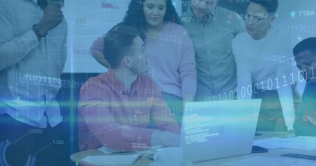 Poster - Diverse team collaborating at office with digital data processing animation overlay