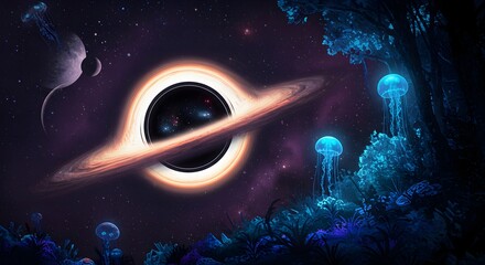 Surreal Cosmic Landscape with Black Hole and Bioluminescent Jellyfish