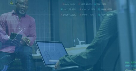Poster - Viewing stock data overlay on laptop, business meeting in office setting