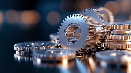 Poster - Metal gears and cogwheels on reflective surface with soft bokeh background, mechanical engineering concept showing industrial machinery parts.