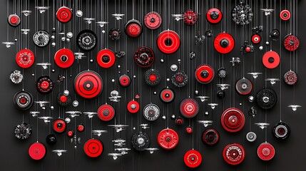 Poster - Red and Black Circular Objects Suspended from a Dark Background