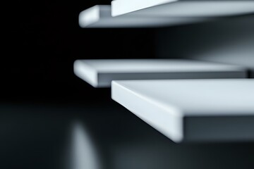Poster - Minimalist abstract composition of white geometric shapes casting soft shadows on dark background, creating depth and perspective for modern design projects.