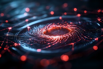Aufkleber - Abstract spiral pattern with glowing red lights and bokeh effects on dark background creates futuristic technological atmosphere for digital art and tech concepts.