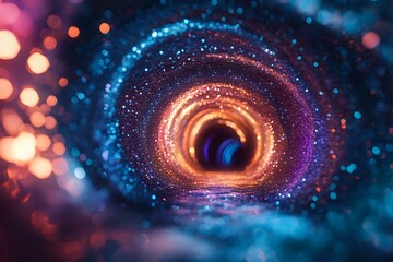 Poster - Glowing spiral tunnel with orange and blue bokeh lights creating magical portal effect, abstract background with sparkling particles and depth perspective.