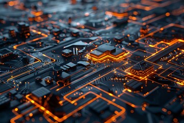 Poster - glowing orange circuit paths on dark microchip surface create futuristic technology pattern with dep