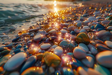 Poster - Smooth pebbles on beach shore at golden sunset with sparkling water reflections and lens flare creating magical atmosphere and natural bokeh effect.
