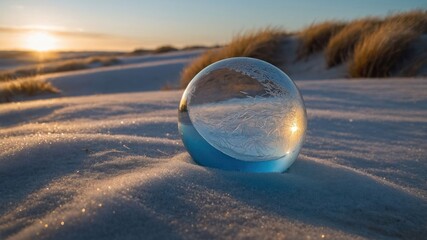 Poster - A crystal ball resting on snow, reflecting a sunset over sandy dunes.