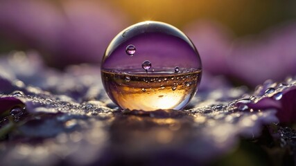 Poster - A close-up of a water droplet reflecting light on a purple flower petal.