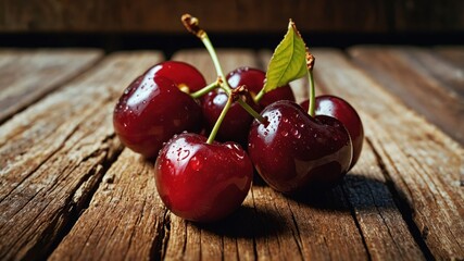 Poster - A close-up of fresh cherries with water droplets on a rustic wooden surface.