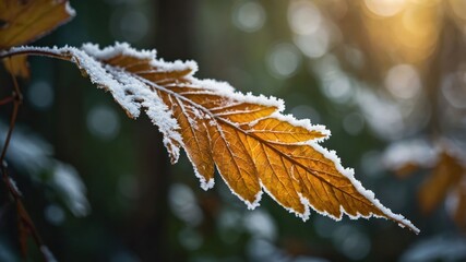 Poster - A frosted leaf glistens in soft sunlight, highlighting nature's beauty in winter.