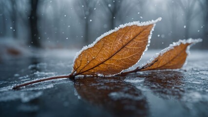 Aufkleber - A close-up of frozen brown leaves resting on a reflective surface in a wintery environment.
