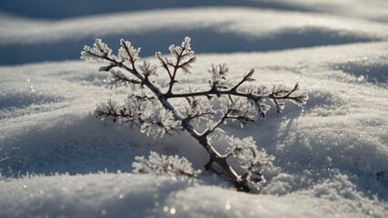 Poster - A frosted branch resting on a snowy surface, showcasing winter's beauty.