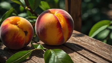 Poster - Two ripe peaches on a wooden surface with green leaves in a natural setting.