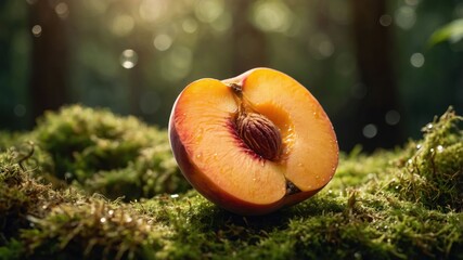 Poster - A sliced peach rests on moss in a forest, illuminated by soft, natural light.