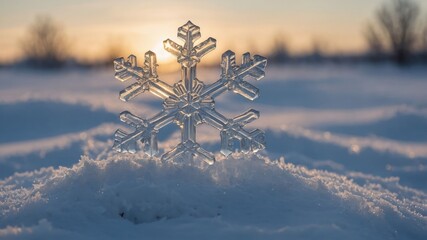 Poster - A crystal snowflake stands out against a snowy landscape at sunset.