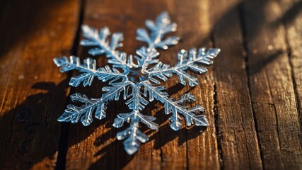 Poster - A clear snowflake rests on a wooden surface, capturing winter's beauty.