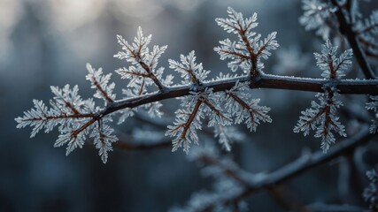 Poster - A close-up of a frosted branch showcasing intricate ice crystals on leaves.