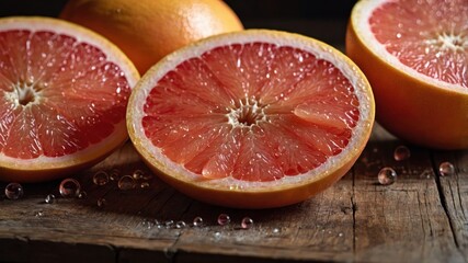 Poster - Juicy pink grapefruits cut in half on a rustic wooden surface with water droplets.