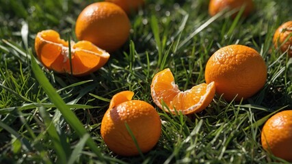 Poster - A scattering of oranges and orange segments on green grass.