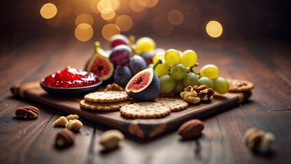 Poster - delicious platter of figs, grapes, and nuts with crackers and jam on rustic wooden table