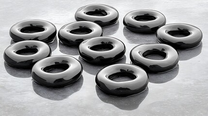 Poster - Several shiny black doughnut shapes are arranged on a surface