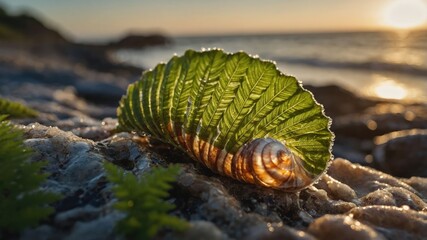 Poster - A shell resting on a leaf by the shore during sunset.