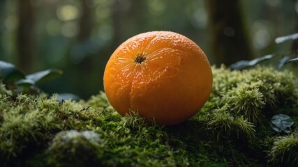 Poster - A vibrant orange resting on moss in a lush forest setting.