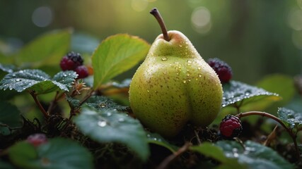 Poster - A pear surrounded by leaves and berries, glistening with droplets in a natural setting.
