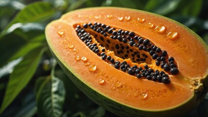 Poster - A halved papaya with orange flesh and black seeds, glistening with water droplets.