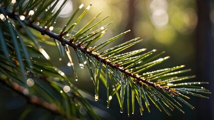 Poster - A close-up of a pine branch with droplets of water, showcasing nature's beauty.