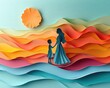 © pahlawan - A mother and child silhouette against a colorful paper landscape at sunset