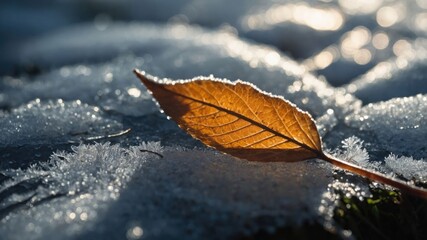 Poster - A close-up of a brown leaf on frosty ground, capturing the contrast of nature's elements.