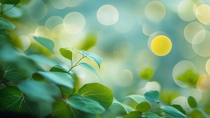 Poster - Beautiful green leaves with soft background bokeh creating a serene atmosphere in a garden during morning light