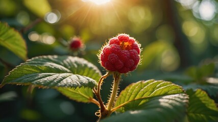 Poster - A close-up of a ripe raspberry on a plant, illuminated by sunlight.