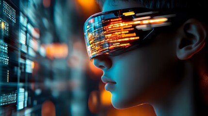 Poster - young woman wearing futuristic glowing visor with streaming data visualization and digital code elem