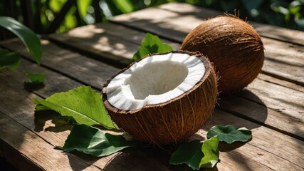 Poster - Two coconuts, one cut open, resting on a wooden table among green leaves.