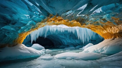 Poster - A stunning ice cave with blue and orange hues, featuring icicles and frozen water.