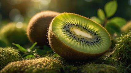Poster - A sliced kiwi resting on moss, showcasing its vibrant green interior and seeds.