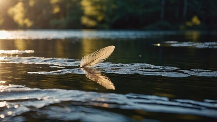Poster - A feather floats gently on the surface of a serene water body, reflecting soft sunlight.
