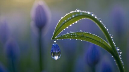 Poster - A close-up of a leaf with water droplets, surrounded by purple flowers in soft focus.