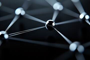 Aufkleber - Metallic spheres connected by silver rods forming molecular structure network on dark background, illustrating connectivity and scientific research concept.