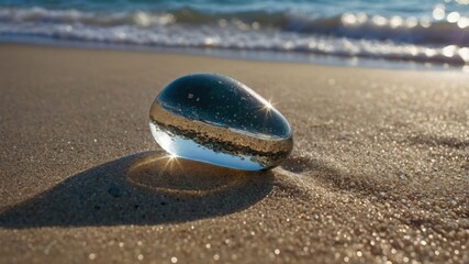 Poster - A smooth, clear stone glistens on a sandy beach with ocean waves in the background.