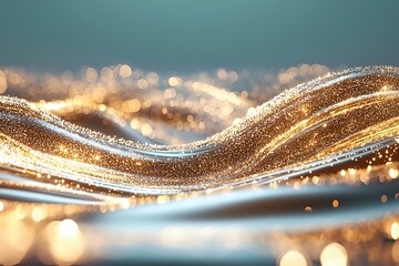 Poster - Abstract golden wave with glitter and bokeh effect on turquoise background. Luxury flowing curves create elegant festive design with sparkling light elements.